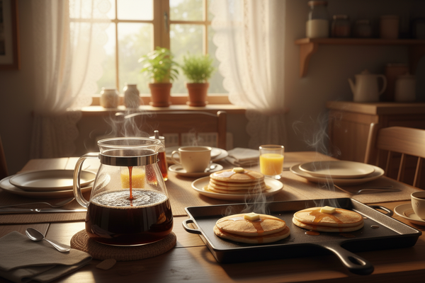 The smell of fresh coffee brewing while pancakes sizzle on the griddle. Sunlight streaming through lace curtains as the whole family gathers around the table.